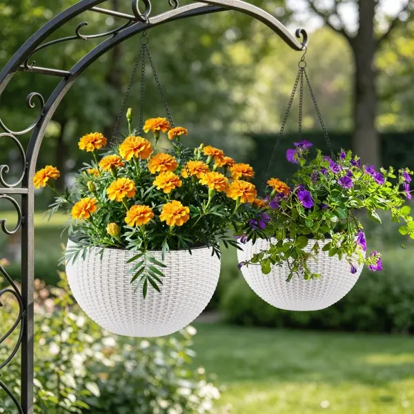 White Hanging Planters (2-Pack, 13.4 In) - Large Hanging Flower Pots with Drainage Holes and Water Monitor, for Indoor & Outdoor Home Garden Use