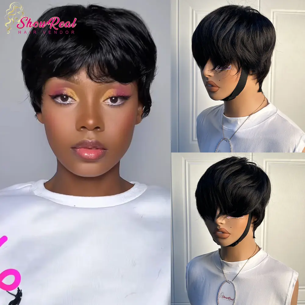 ShowReal 036 Pixie Short Pixie Cut Wigs Short Straight Brazilian Human Hair Wigs With Bangs Ready To Go Natural Black Color Full Machine Made Wig 4 Inch Size