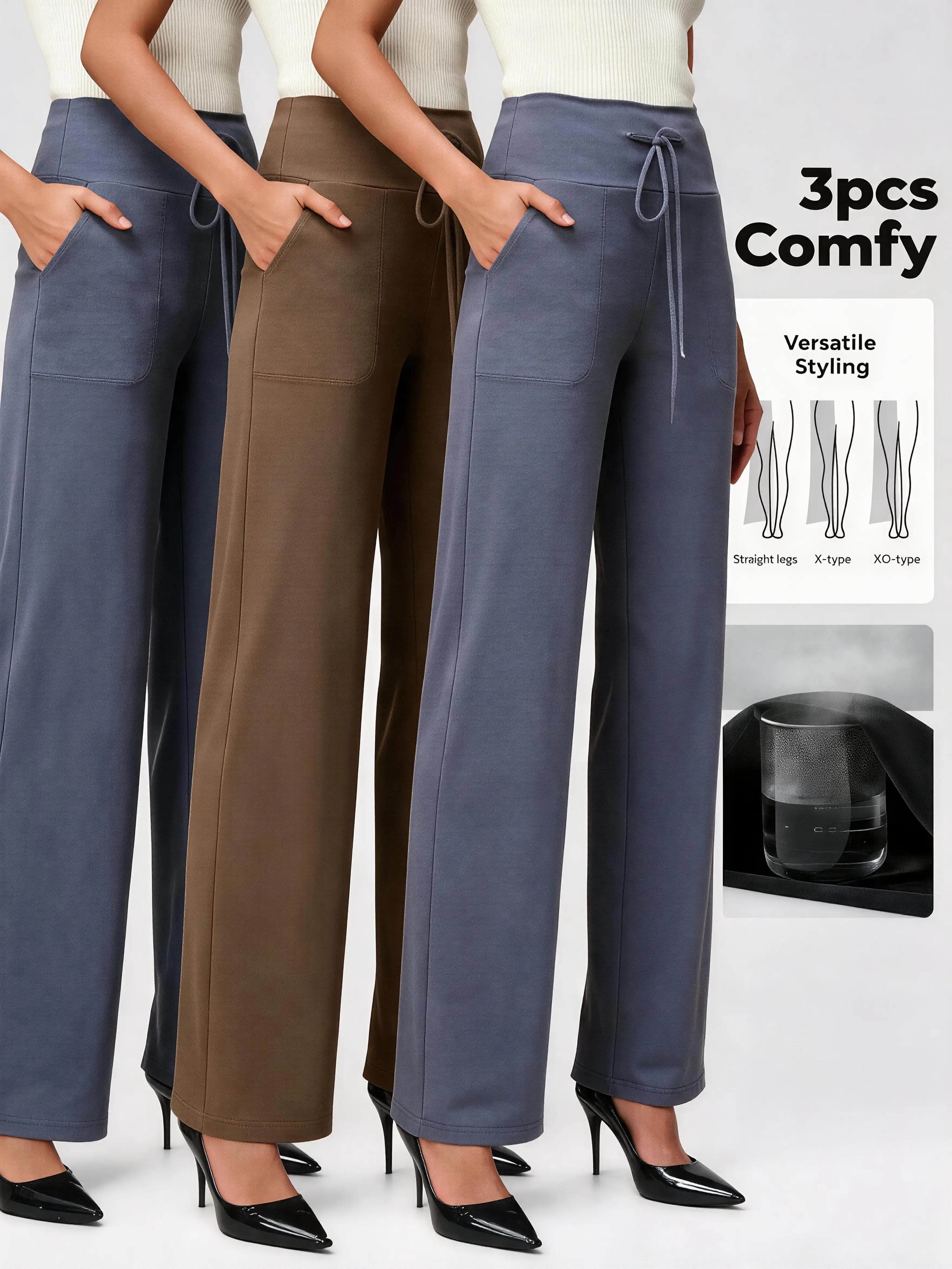 3-Pack NunuFlex High-Waist Wide Leg Pants for Women, Ultra Soft Stretchy Loungewear with Side Pockets & Drawstring, Comfy Casual Pajama Bottoms, Loose Fit Indoor Outdoor