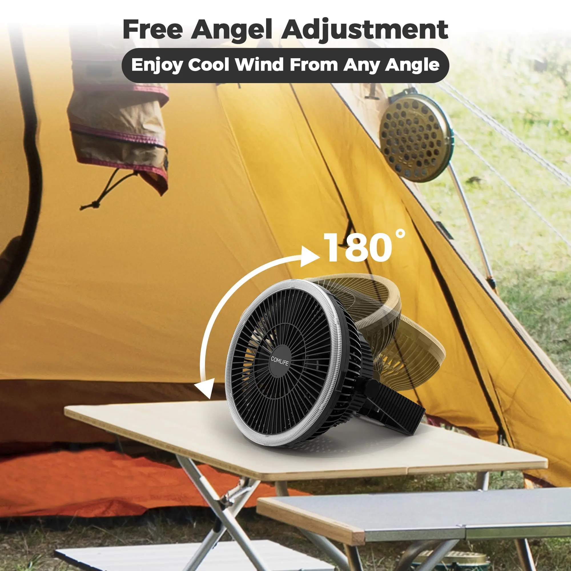 8‑Inch Portable Camping Tent Fan with LED Lantern, Rechargeable, Up to 24 Hours Runtime, 3‑Speed 180° Rotatable Fan with Hanging Hook, Quiet for Outdoor RV, Travel, Fishing, Hurricane, Emergency Power Outages