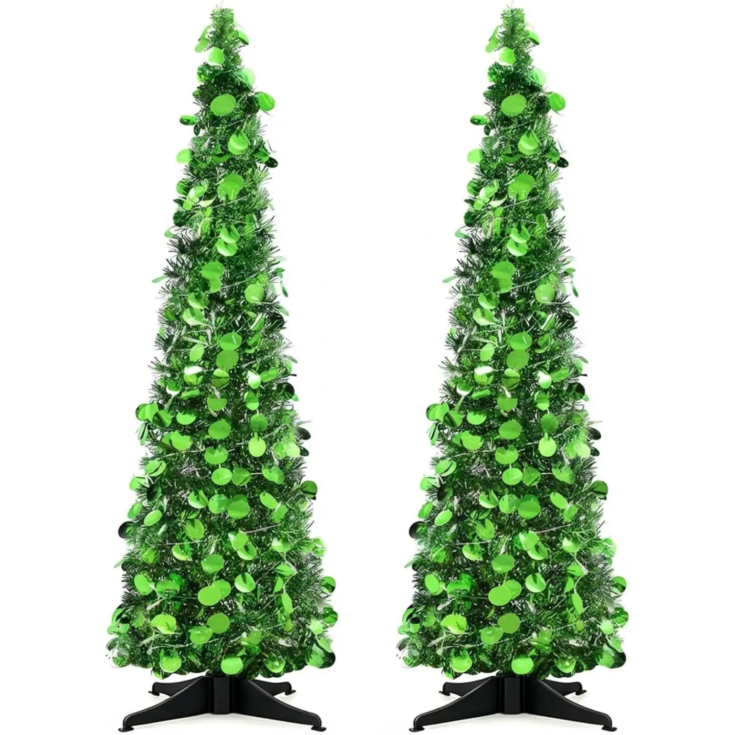 Leyndo 2 Pcs 5 ft Collapsible Artificial Christmas Tree with LED Light Pre Lit Green Sequined Pop Up Tinsel Pencil Skinny Xmas Tree for Indoor Home Fireplace Decoration