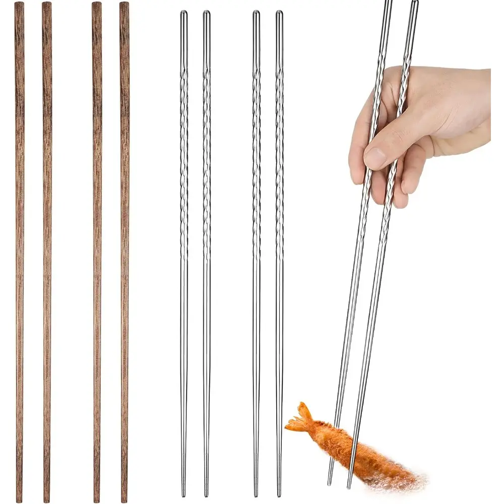 4-Pair Sturdy Reusable Washable Extra Long Cooking Chopsticks Set - 15.3in & 16.5in Stainless Steel & Wooden Cutlery, Non-Slip Threads for Kitchen Frying, Hot Pot, Ideal for Friends, Family, Thanksgiving, Chinese New Year, Birthdays (Silver, Wood Color)
