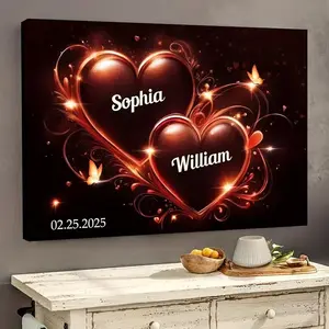 2D Flat, Personalized Couple's Name & Date Custom Heart Photo Frame Poster - Glowing Dark Chocolate Background Suitable for Wedding Anniversary, Valentine's Gift for Husband Wife, Custom Text/Date Canvas with Wood Frame for Bedroom Wall Decor vintage