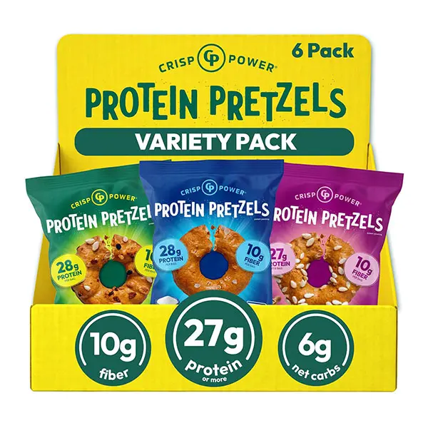 Crisp Power Variety Pack Protein Pretzels – High Protein Snack with Up to 28g Protein, High Fiber, 6g Net Carbs or Less, Zero Added Sugar, 6 Pack