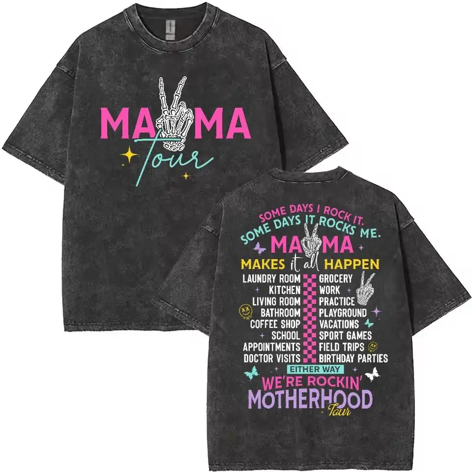 Men's Washed Look Round Neck Shortsleeve Graphic Tshirt - Loose Relaxed-Fit Unisex Casual Streetwear Top with Vivid Digital Print Fun Typography Highlighting Motherhood's Multifaceted Life, Black