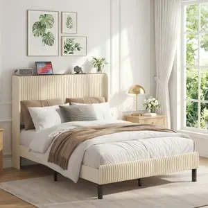 Queen Beige Platform Bed with Wingback Headboard – USB/Type-C Charging & LED Light, Storage Headboard, Noise-Free, No Box Spring, Easy Assembly
