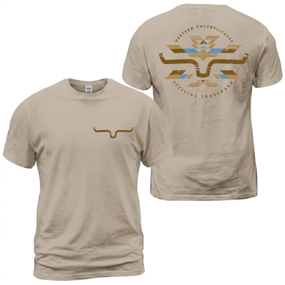 Kimes Ranch Horn Logo Aztec T-Shirt, Western Ranch Graphic Tee, Distressed Tribal Back Print With Front Chest Horn Emblem, Cowboy Casual Outfit, Soft Cotton Tee Gift For Men and Women