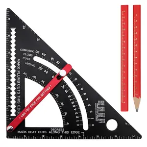 7Inch Aluminum Carpenter Square Set | CNC Machined Woodworking Triangle Ruler & Framing Square | Adjustable Angle Combination Square & Rafter Protractor for Carpentry Construction (Includes 2 Pencils)