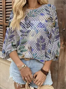 Spring & summer Boho knit top, round neck, hollow-out batwing sleeves, loose fit. Contrast leaf print, lightweight. Suitable for daily, commute, vacation and beach bikini cover-up, casual and elegant.