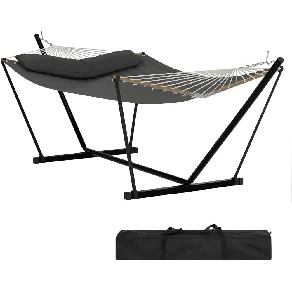 2-Person Double Rope Hammock with Stand - Durable, Stable, Double-Layered Polyester Quilted Fabric Outdoor Hammock, 75x55", 450 LBS Capacity, UV-Resistant, Balance Rope, Tool-Free Minutes Setup, Portable for Adults' Patio, Backyard