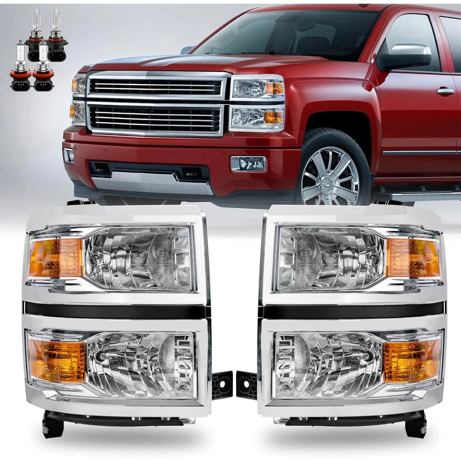 Headlights Assembly for 2014 2015 Chevy Silverado 1500 Pickup Truck, Pair Halogen Headlamps Replacement with High/Low Beam Bulbs Included, Factory OE Style Chrome Housing Amber Reflector, Left & Right