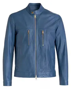 MotorCycleJackets Mens Blue Cafe Racer Leather Jacket