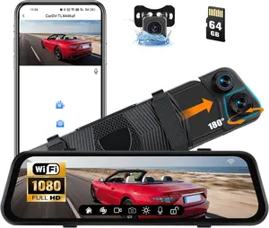3 Channel 9.66 Inch Mirror Dash Cam with 5GHz WiFi, 1080P Front and Rear Inside Dash Camera with Gravity Sensor/Loop Recording/Night Vision/Reverse Assistance + Free 64G Card
