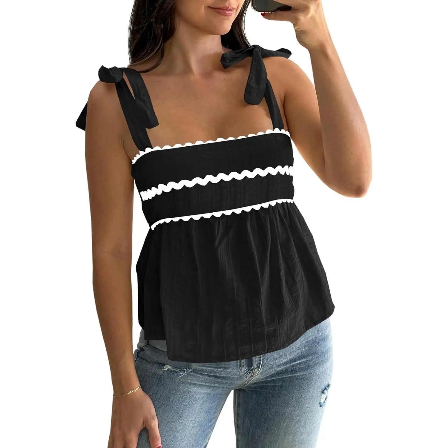TANKANEO Women's Square Neck Peplum Tank Top - Soft Cotton Babydoll Blouse, Strappy Tie-Back, Loose Fit Casual Summer Shirt for Matching Shorts