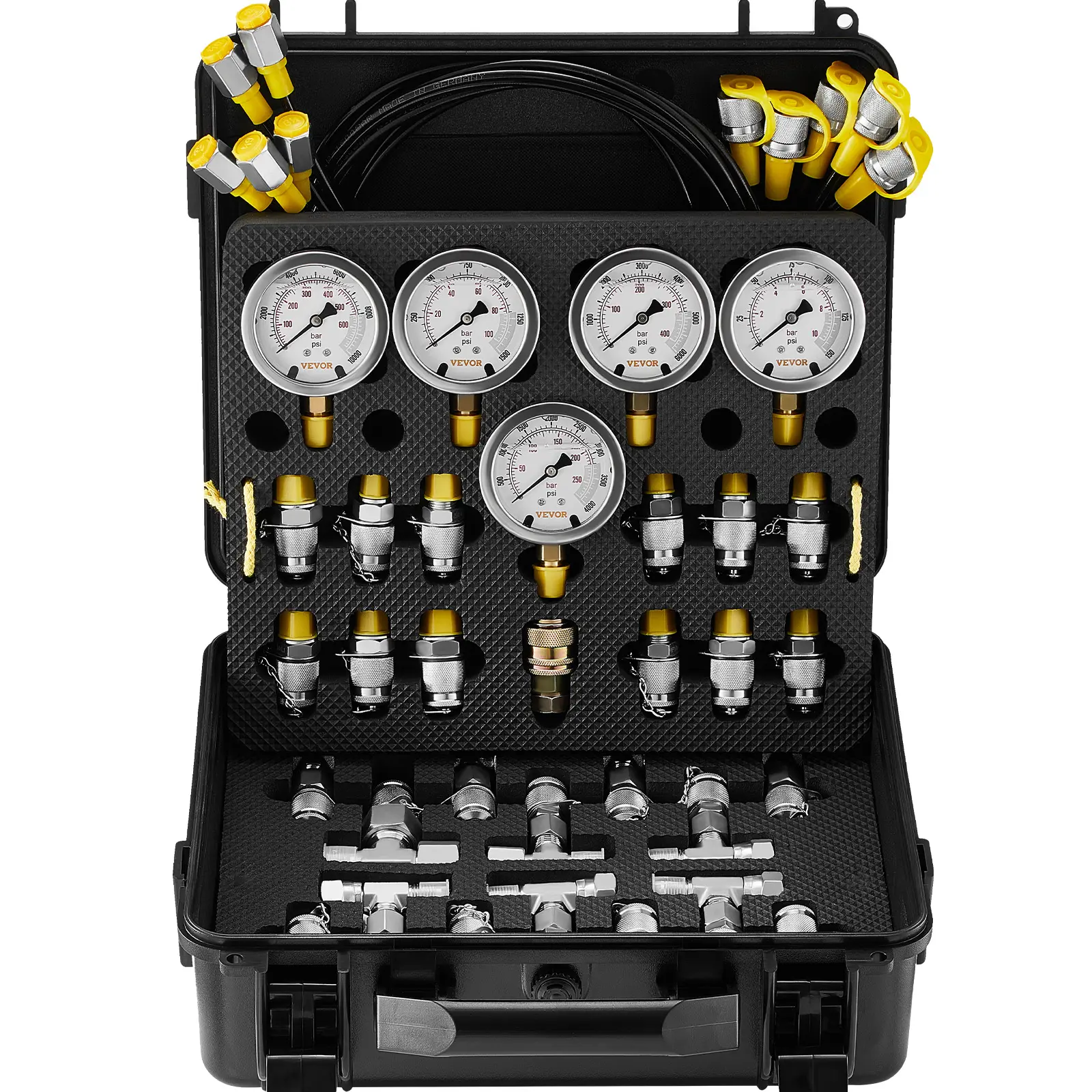 VEVOR 10,000 PSI Digital Gauge Manometer Hydraulic Pressure Test Kit - 2 Gauges, 9 Test Couplings, 2 Quick-Release Couplings & Hoses, Abs Plastic, Carter Quick Connect Fittings, Automotive Repair Tools for Excavators, Construction, Industrial, Mining Use,