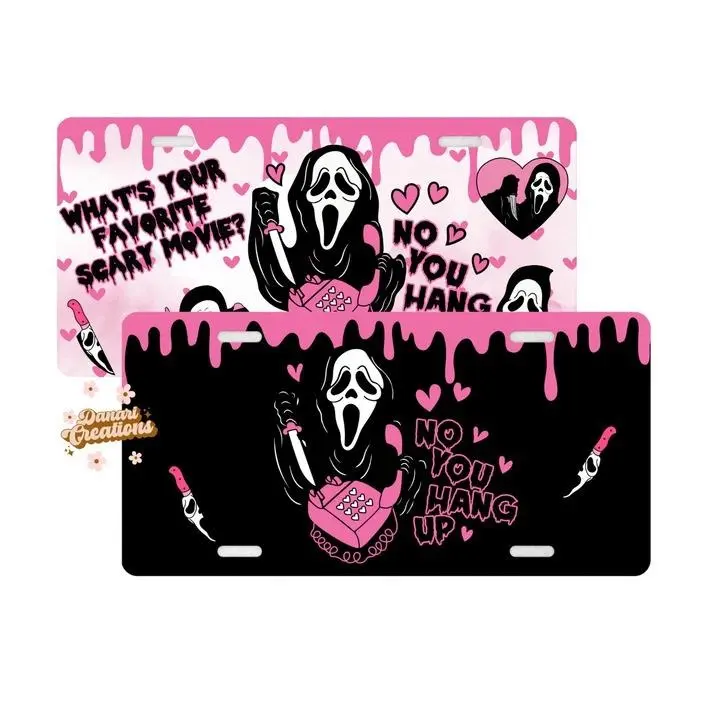Pink Ghostface License Plate – 12x6 Aluminum Scary Movie Horror Car Tag, No You Hang Up Design, Pre-Drilled Spooky Auto Decor