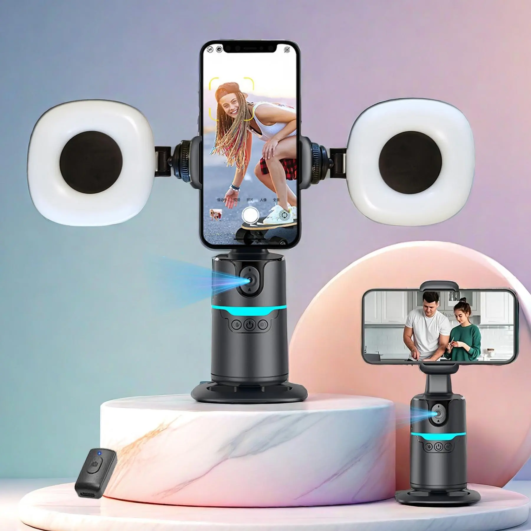 YYT1 360-Degree Rotatable Wireless Selfie Stick Single Unit - Smart Face Tracking Phone Gimbal Camera Stabilizer with 2 Rechargeable Fill Lights for Sports & Outdoor Video Recording Phone Accessories