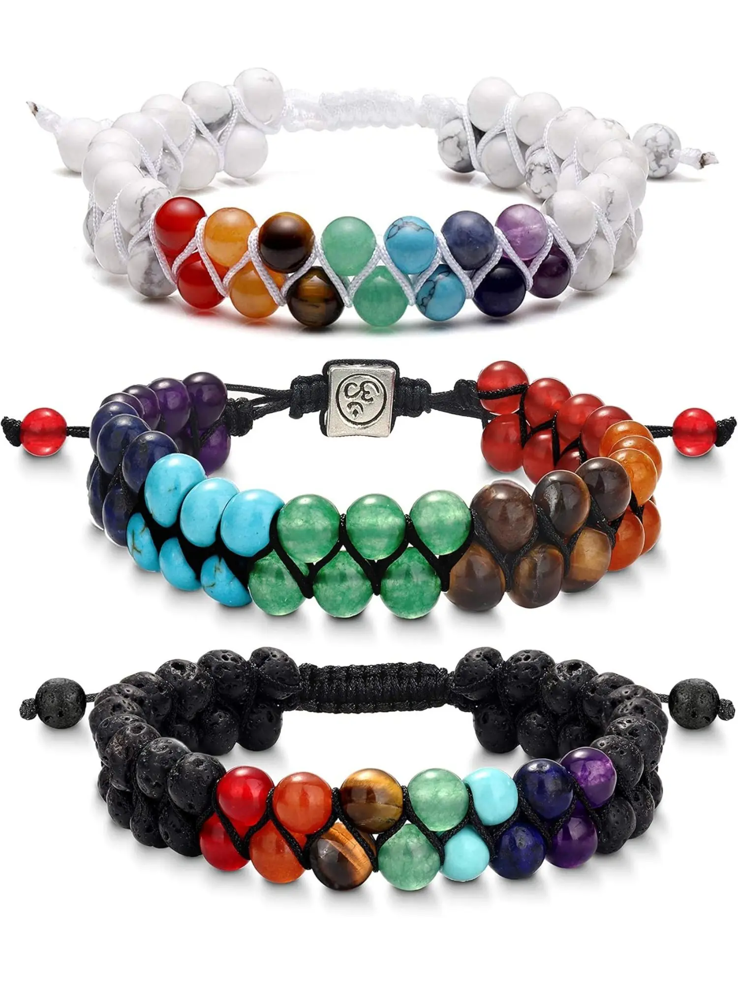 2/3 Pcs Chakra Lava Stone Beaded Bracelet, Crystal Stacking Bracelet, Crystals Bracelets, for Women Men Double-layer Design with Natural Healing Crystals Aromatherapy Lava Stones Adjustable Clasp Fits All Wrist Sizes Polished Beads Durable for Daily Wear