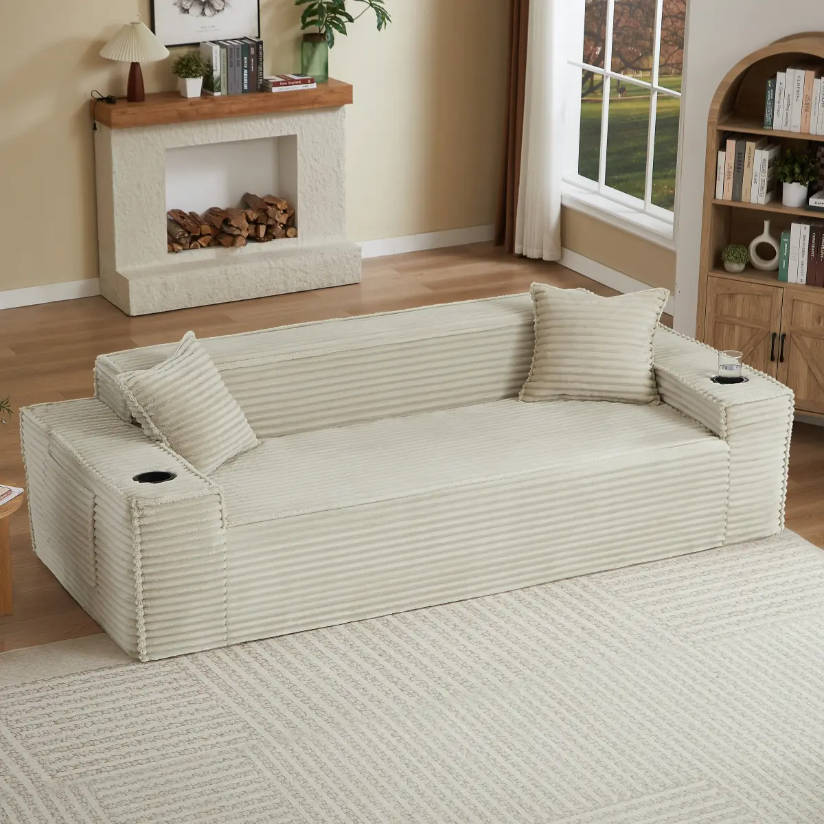 2-Seater Corduroy Loveseat Sofa, Cream Boneless Cloud Couch with Sponge and Pocket Spring Support, Dual Cup Holders, No Assembly Required, Compressed Sofa for Small Living Rooms, Apartments, Bedrooms and Home Offices, Allow 72 Hours to Expand