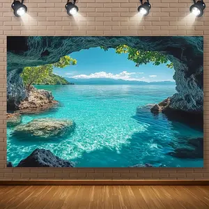1pc Turquoise Sea Summer Landscape Tapestry - 100% Polyester Home Wall Hanging, Vibrant Island & Cave Design, Ideal for Birthday Party Decor, Beach Theme Event Backdrop