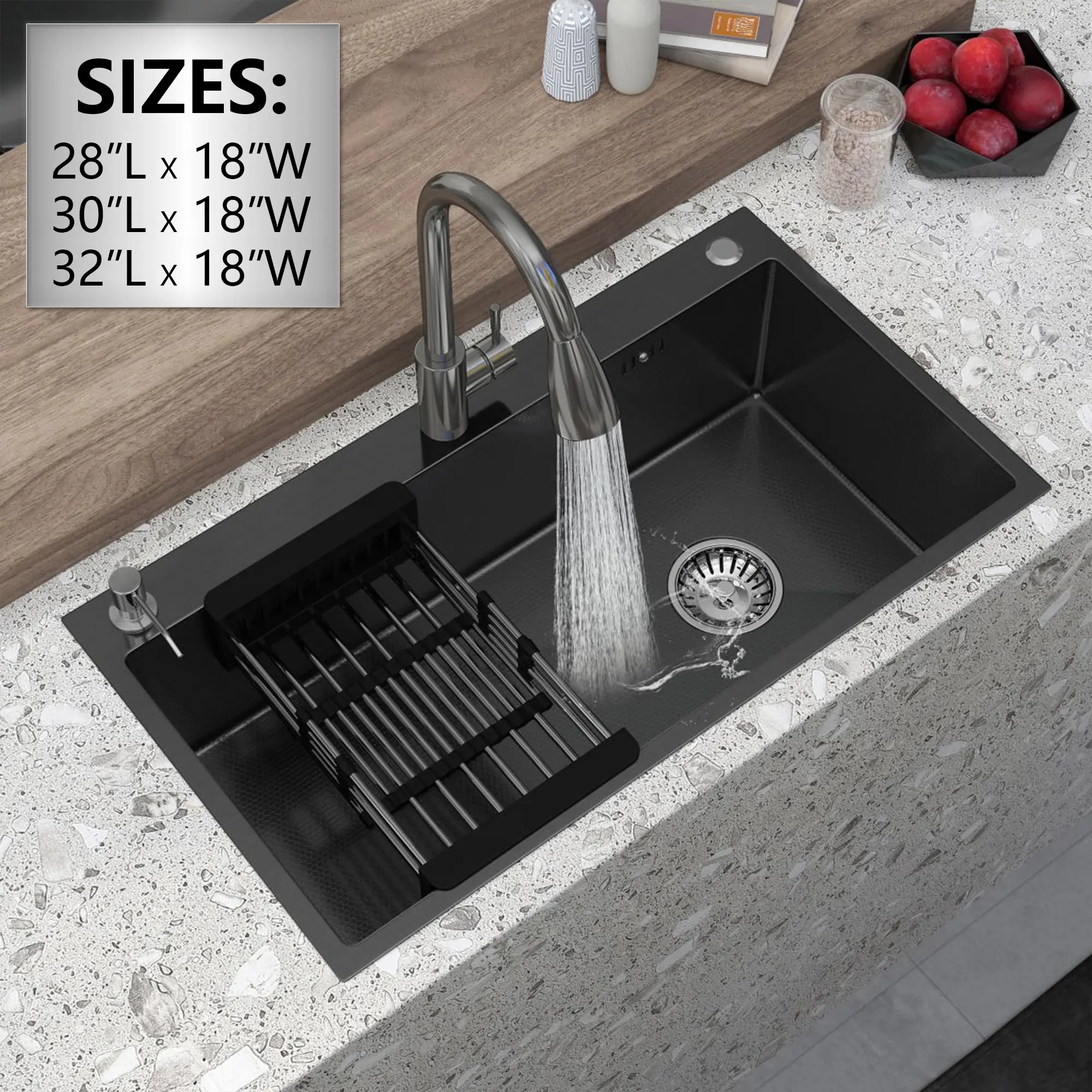 Black Kitchen Sink Stainless Steel Drop In Sinks Top Mount 28" 30" 32" Inch Single Bowl with Faucet Retractable drain basket Modern Design Durability