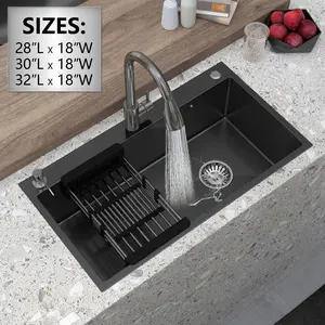 Black Kitchen Sink Stainless Steel Drop In Sinks Top Mount 28" 30" 32" Inch Single Bowl with Faucet Retractable drain basket Modern Design Durability