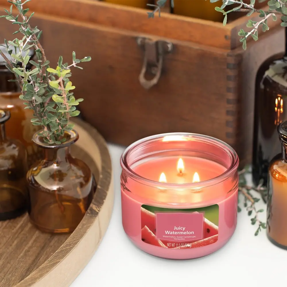 Juicy Watermelon 3-Wick Candle, 11.5oz Glass Jar for a Refreshing Summer Ambiance and Vibrant Evenings