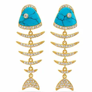 Ocean Fishbone Statement Stud Earrings with Zircon, Fashion Costume Jewelry, Stud Earring Jewelry, Zircon Stud Earrings
