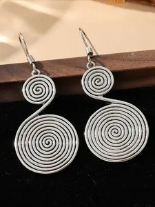 Handmade Silvery Color Large Dangle Boho Style Jewelry Spirals Earrings, Tribal Hippie Statement Earrings, Long, Gift for Her