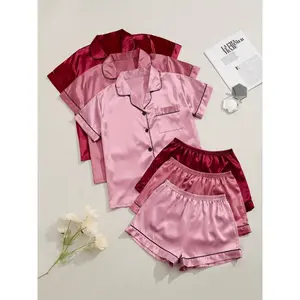 New3 sets 3-Piece Satin Pajama Set for Women: Short Sleeve Lapel Top & Elastic Waistband Shorts Loungewear Nightwear Casual FabricGift