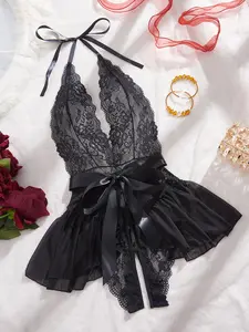 [Plus Size] Floral Lace Open Crotch Design Crop Cami Bodysuit, Sexy Comfy Breathable Thong Design Bodysuit for Daily Wear, Women's Soft Breathable Lingerie Underwear for All Seasons Piece Womenswear