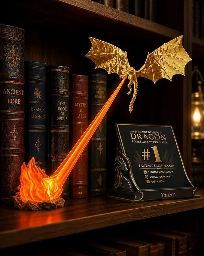 3D Printed Fire Breathing Dragon Resin Sculpture - Book Nook Light Bookshelf Candle Holder Decor, Anti-Slip Adhesive Dots, 2 Sizes & 4 Colors, Flying Ornament for Home