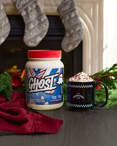 GHOST High Protein Hot Cocoa Holiday Edition 20g Protein Serving White Chocolate Peppermint Bark & Milk Chocolate Tubs Single Serve Packets