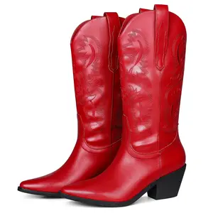 CYNLLIO Womens Cowboy Boots Embroidered Pointed Toe Block Heels Mid Calf Pull on Western Boots Slip on Wide Calf Cowboys Dance Boots