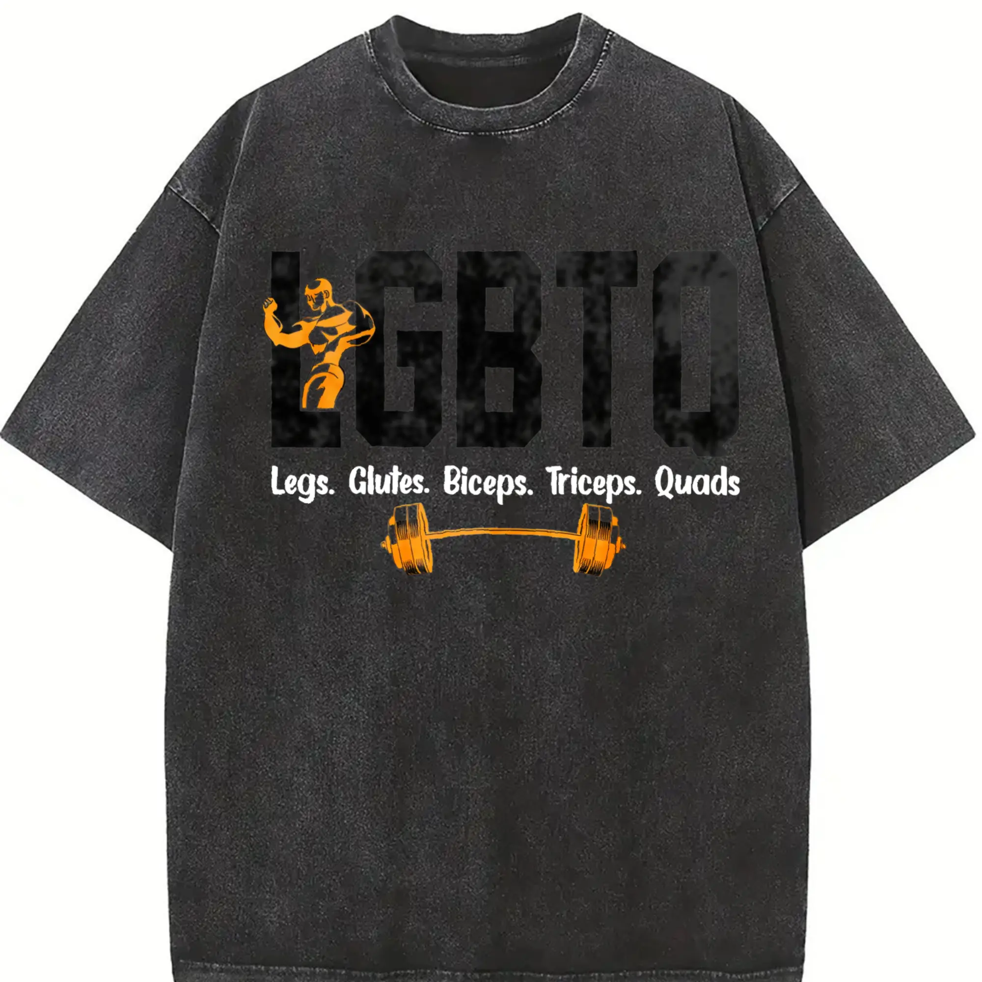 Legs, Glutes, Biceps, Triceps, Quads Graphic with Dumbbells & Pride Flag Design Print Washed T Shirt 230gsm, Summer Round Neck Gym & Outdoor Sports Apparel, All-Season Fitness Shirt, Workout, Sporty Design, Summer Outfits, Performance Wear