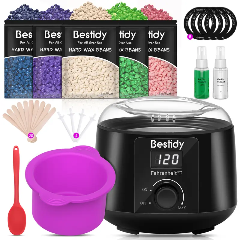 Bestidy Waxing Kit for Women and Men Home Wax Warmer with 5 Pack Hard Wax Beads Hot Wax Hair Removal for Brazilian Body Underarm Bikini Chest Legs Face Eyebrow