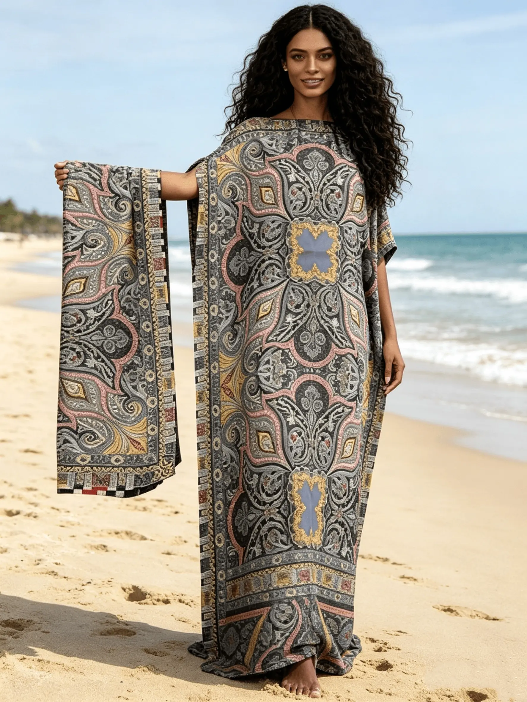 2026 New Women's 2 Piece Boho Medallion Print Kaftan Maxi Dress with Matching Scarf, Silky Loose Pleated Robe, Plus Size Friendly, Beach Cover Up, Resort Vacation & Evening Party Wear