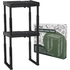 Locker Shelf Adjustable Height and Width, Locker Organizer for Work, Locker Shelves for School Locker, Stack-able Locker Stand for Gym Locker, Locker Accessories, Black, Pack of 2