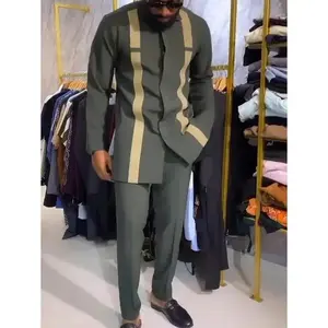 ''2Pcs/Set Plus Size Men Green Dashiki Suit, Contrast Color, Long Sleeve, Elastic Waist Pants, African Clothing, Men Casual Shirt And Trouser Set, New For All Seasons, Party, Date, Street Wear