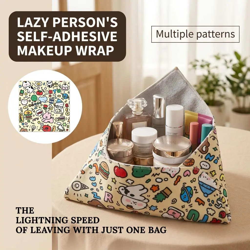 Magic Self-Adhesive Makeup Wrap Cloth, Cute Cartoon Print Large Capacity Foldable Cosmetic Organizer, Anti-Scratch Dustproof Washable Pouch for Travel Skincare, Brushes & Gifts for Girls