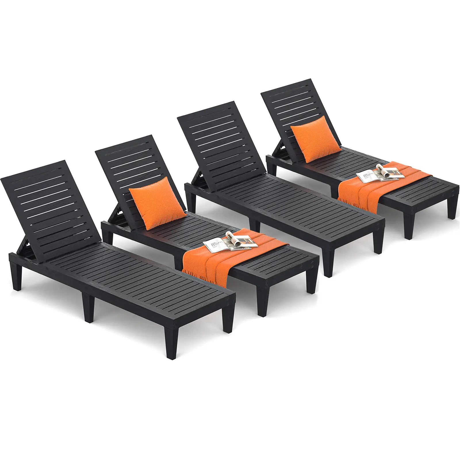 For Summer, Outdoor Chaise Lounge Chair Set of 4 for Poolside Patio, Water-Resistant Tanning Chair Recliner with Adjustable Backrest, Resin Sun Lounge