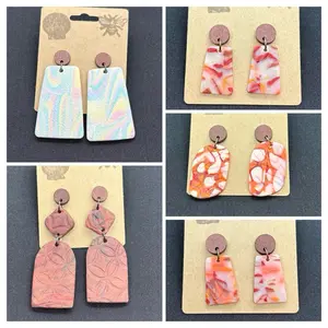 Stud dangling earrings with wood, poly clay and epoxy resin