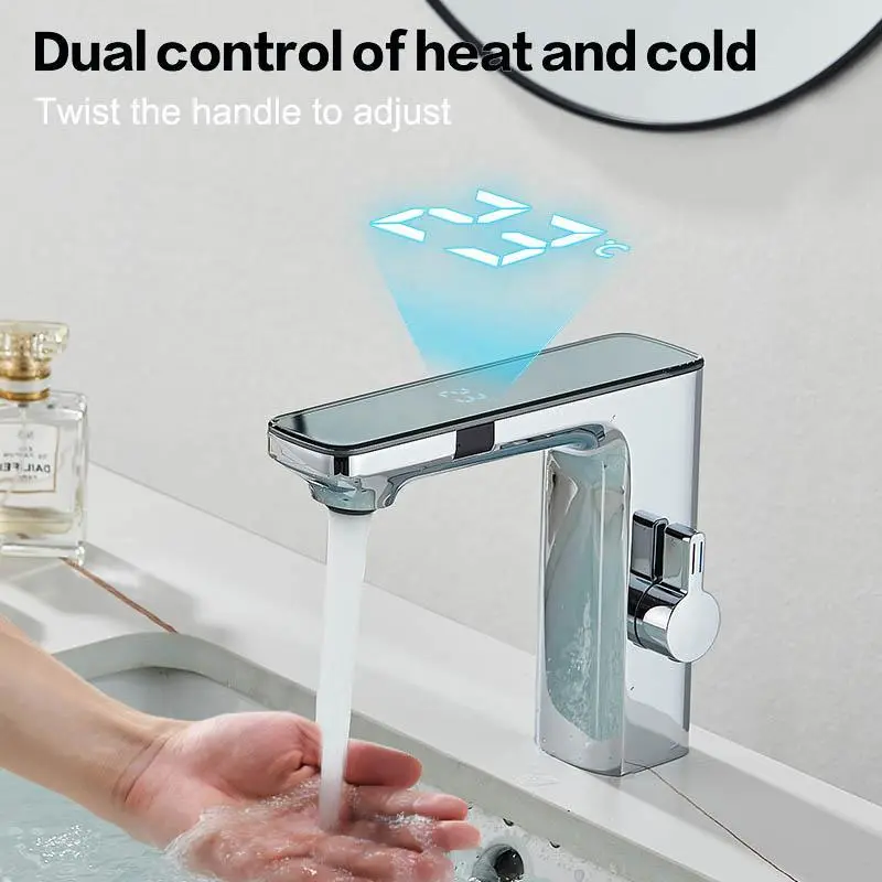 Flat Induction Digital Display Faucet, Bathroom Faucet with Temperature Digital Display, Touchless Bathroom Faucet, Bathroom Sink Faucet, Single Hole Bathroom Faucet, Suitable for Hotel, Apartment, Residence