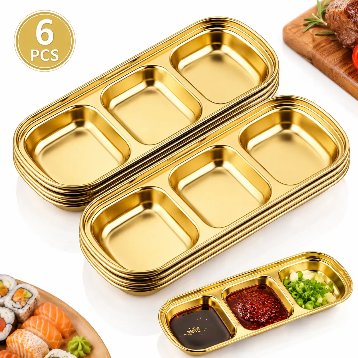 6PCS Gold Stainless Steel 3-Compartment Divided Sauce Plates, Kitchen Accessories Dipping Tray for Sushi, BBQ, Buffet Use