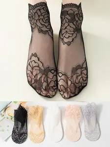 5 Pairs Women's Lace Trim Ankle Socks, Ultra-Thin Lightweight Summer Wear Crystal Socks, Anti-Slip Comfortable Cotton Bottom, Plain Color Short Tube Socks