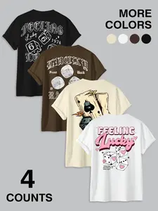 🍀4 Pack Lucky Graphic Tees | Y2K Retro Dice Print Shirts | Trendy Fitted "Feeling Lucky" Tops | Versatile Everyday Outfits