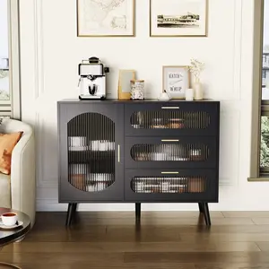 Black Buffet Cabinet with Storage, Modern Sideboard with Fluted Glass Door & Drawers, Indoor Cupboard for Kitchen, Dining Room, Hallway Console