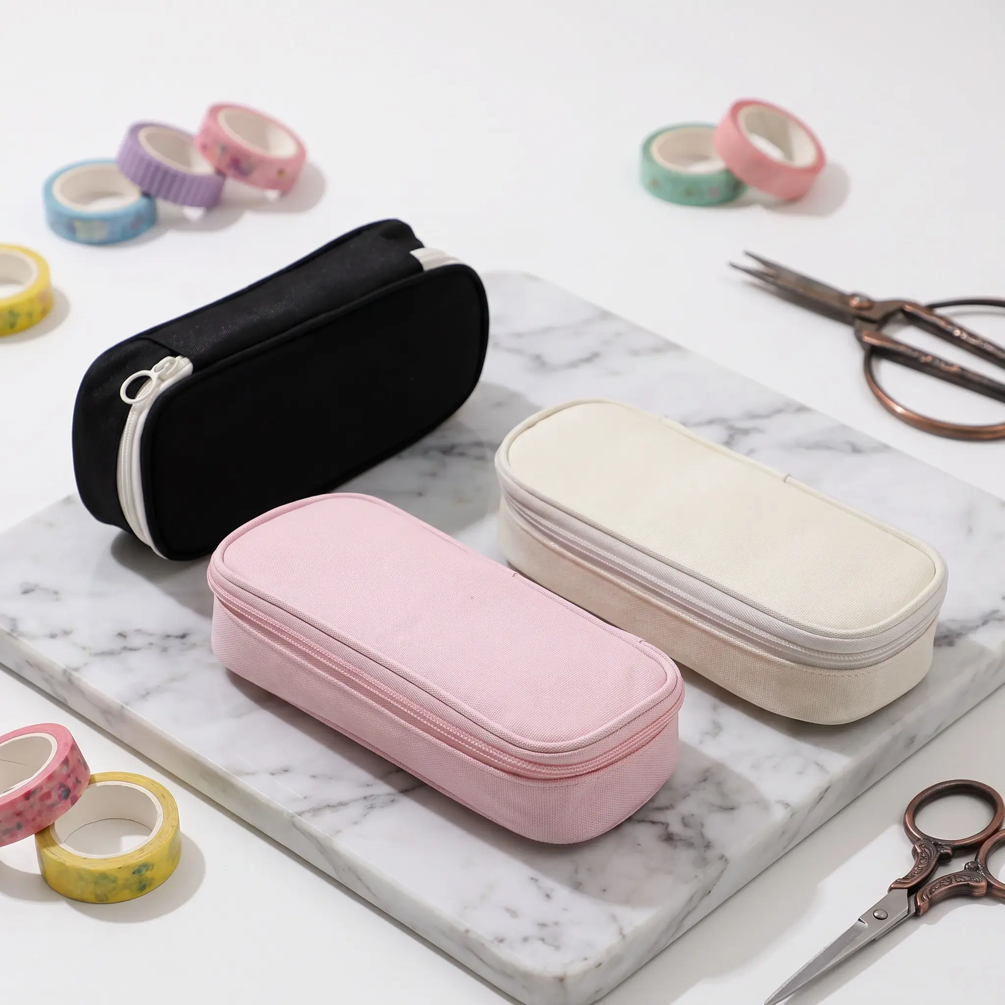【SummerWins】Large Capacity Minimalist Canvas Pen Pencil Case, Lightweight 88g Portable Makeup Stationery Organizer Pouch, Cream White (1 Pack)