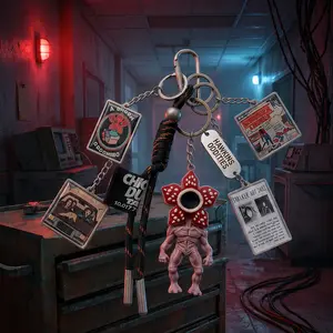 Horror Monster Multi Charm Keychain, Plastic Figure Pendant with Metal Rings and Braided Cord, Trendy Backpack Bag Charm, 7.48 x 2.01 in, 61g Cool Collectible Keyring Gift