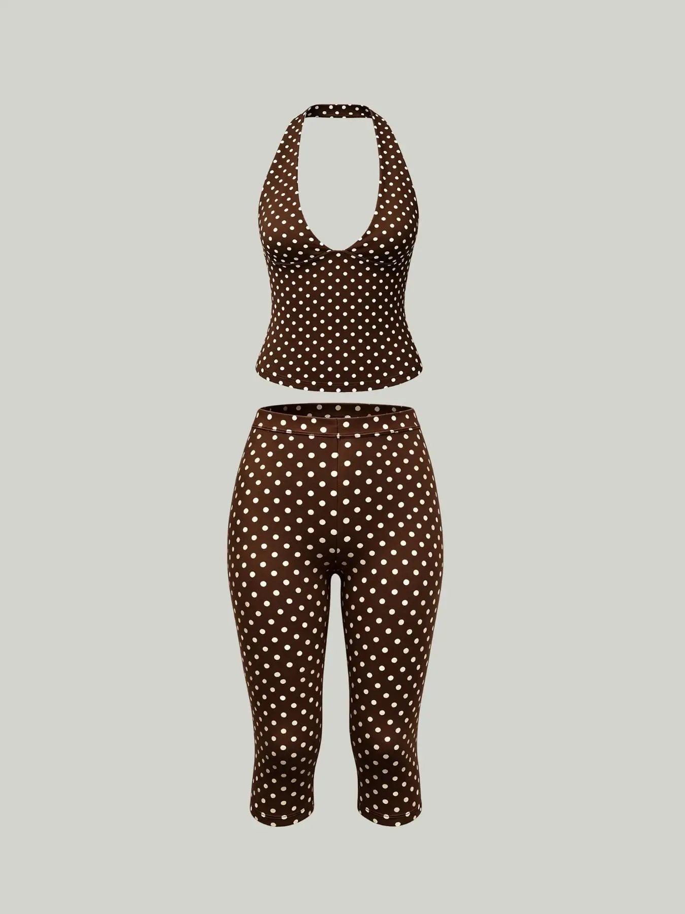 Women's 2 Pack Polka Dot Set, Stretchy Soft Halter Neck Deep V Crop Top & High Waisted Capri Leggings, Y2K Retro Streetwear for Summer Fit Outfit, Womenswear